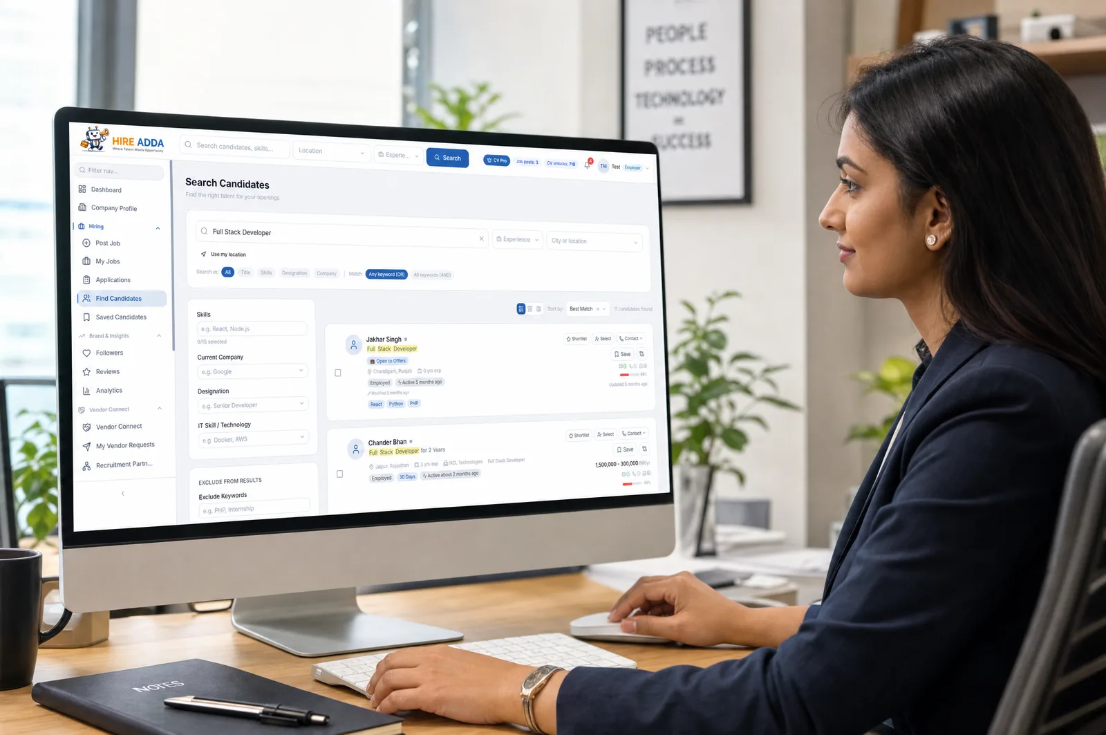 Searching candidates in the Hire Adda CV database